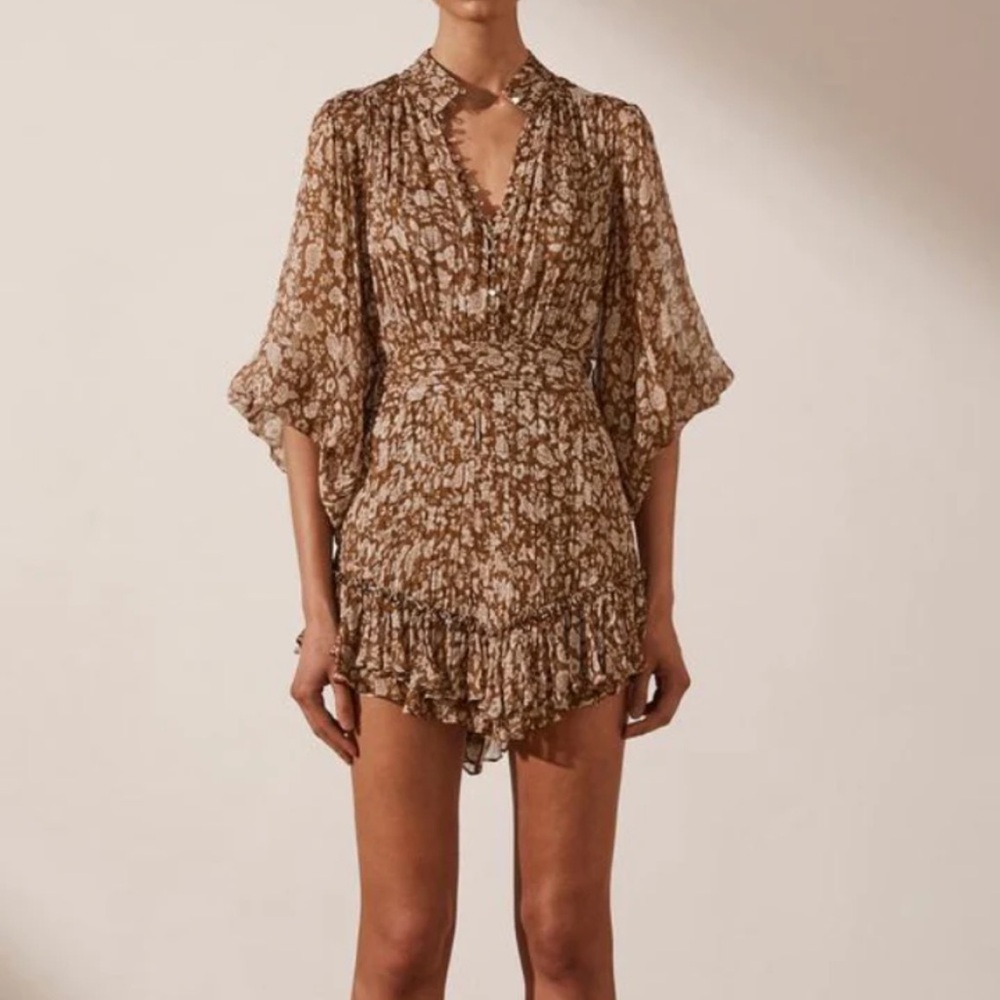 Shona Joy Odette Batwing Ruched Mini Dress in Clay/Ivory